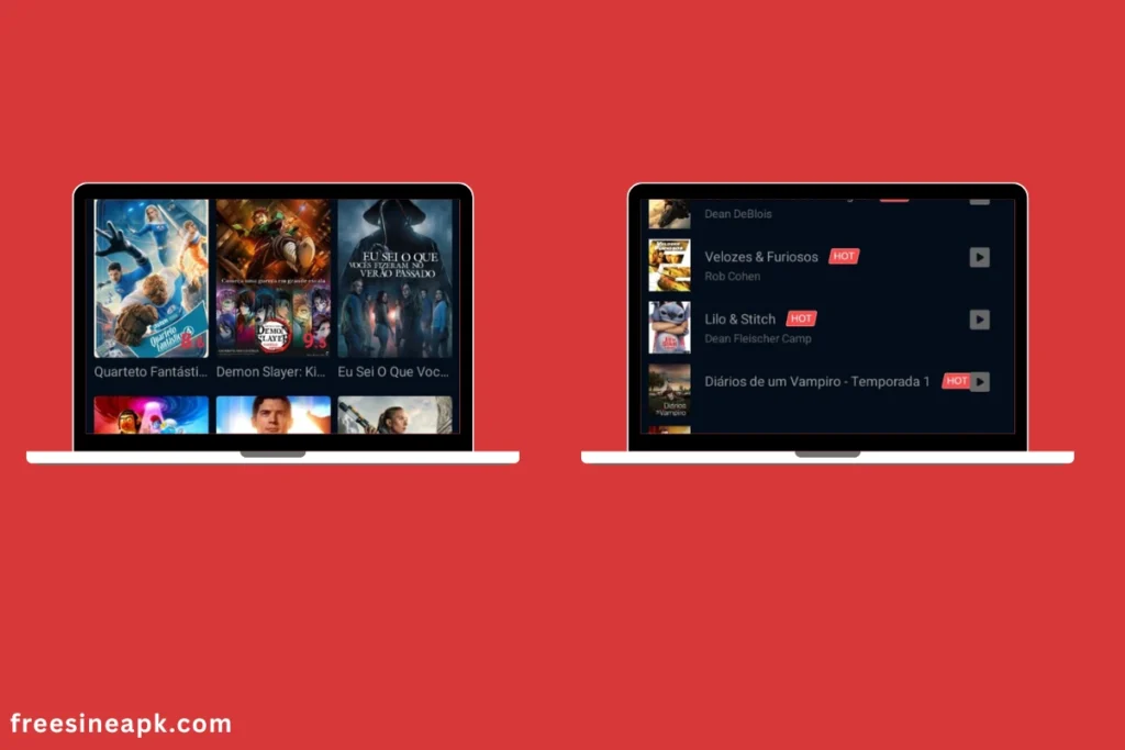 FreeCine Smart TV interface showcasing trending content like Quarteto Fantástico, Demon Slayer, Velozes & Furiosos, and Diários de um Vampiro.