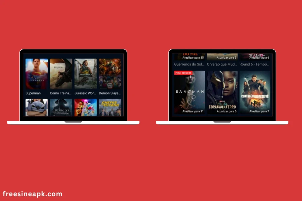 FreeCine Smart TV screen featuring titles like Superman, Sandman, Coração de Ferro, and Jurassic World.