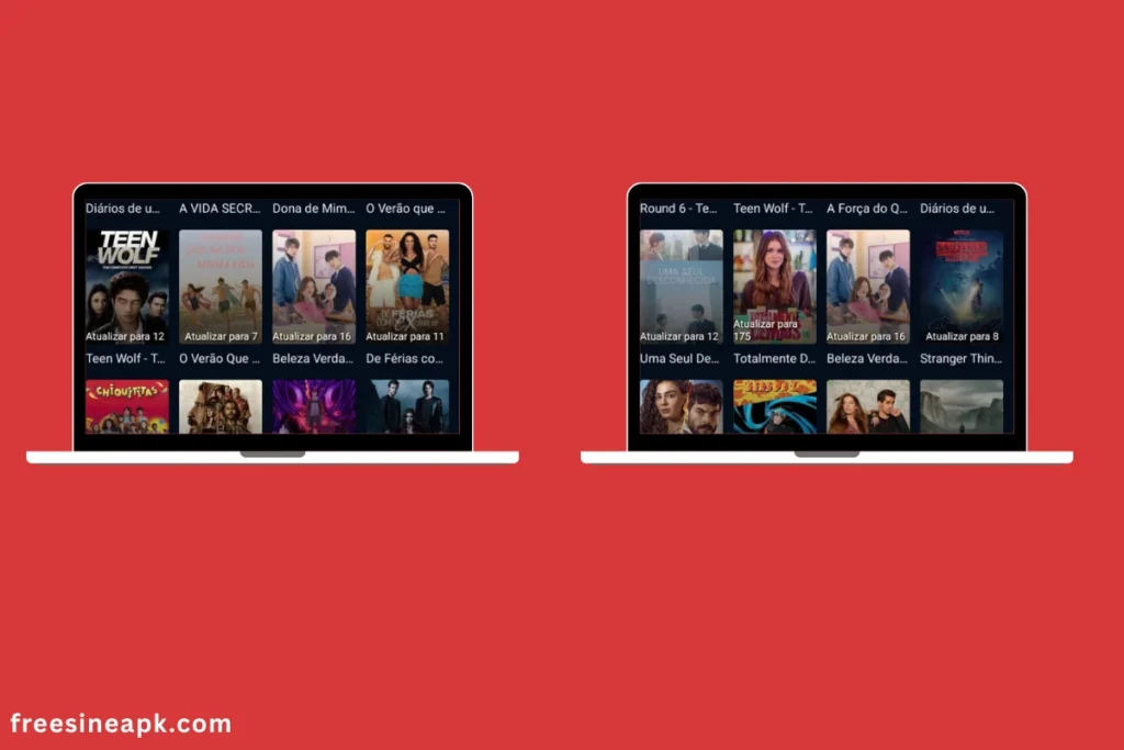 FreeCine interface showcasing Teen Wolf, Stranger Things, Beleza Verdadeira, and Totally Spies.