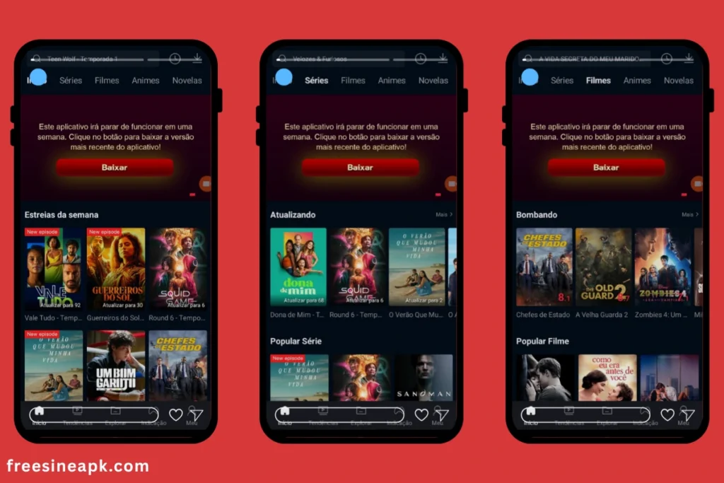 Freecine Apk 11 Freecine APK interface showing film and series categories.