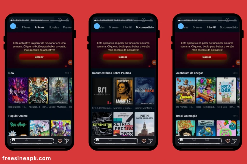 Freecine Apk 12 Freecine APK interface showing animes and documentaries categories.