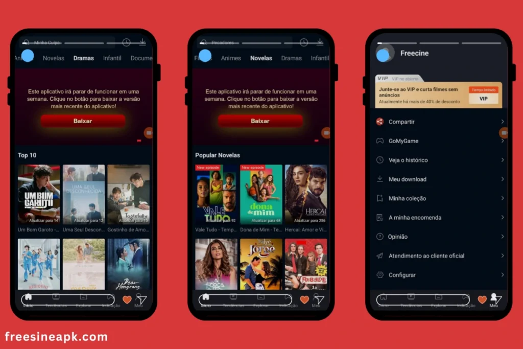 Freecine Apk 13 Freecine APK interface showing drama and novela categories with side menu options.