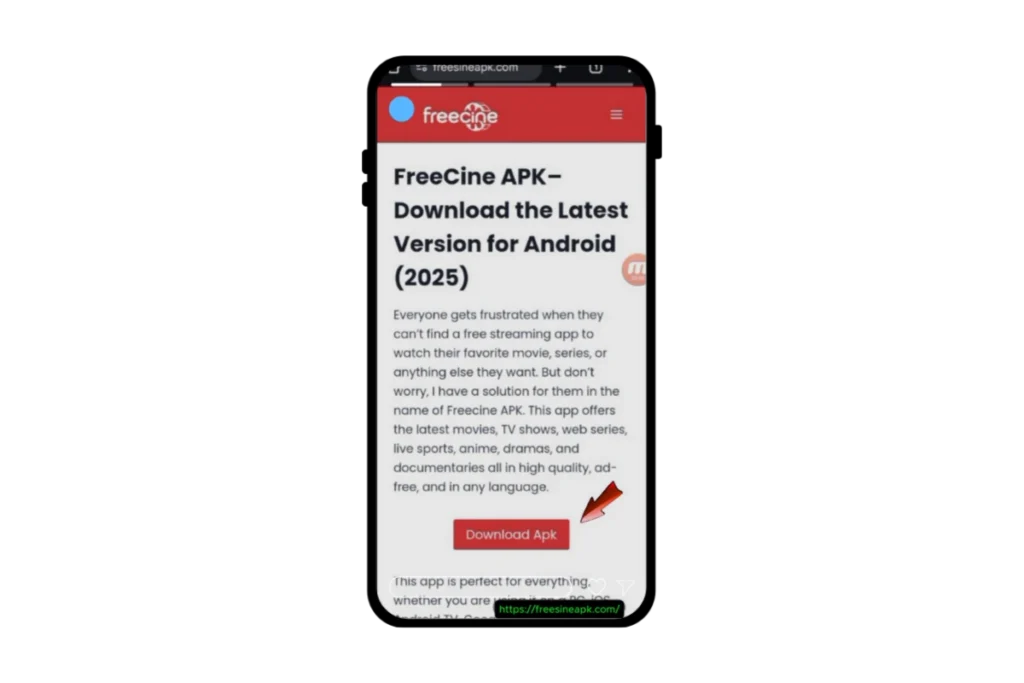 Freecine Apk 2 FreeCine APK download page with install button for Android.