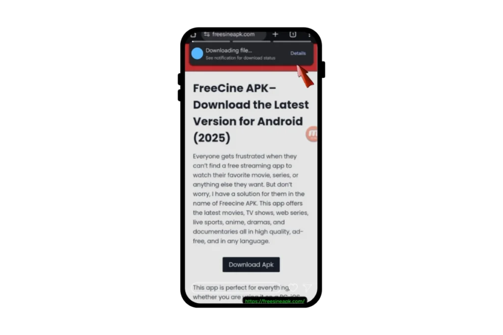 Freecine Apk 3 Android screen showing FreeCine APK download starting from official website.