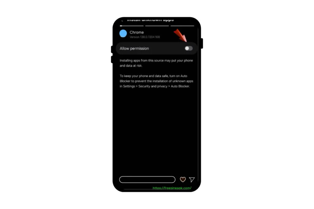 Freecine Apk 6 Android settings screen showing option to allow Chrome to install unknown apps for FreeCine APK.